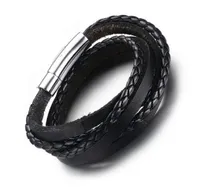 Fashion New Handmade Mens Black Braided Real Leather Bracelet Multistrand Genuine Leather Wristband Rope Woven Bracelets Men7495410