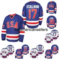 Mens 1980 USA Miracle on Ice Hockey Jersey #17 Jack O'Callahan #21 Mike Eruzione #30 Jim Craig 100% gestikte Team USA Hockey Jerseys Blue