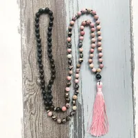 Chains Pink Black Rhodonite Lava Stone Mala Necklaces Knotted 108 Beads Necklace Handmade Long Tassel Gift For GirlFriend