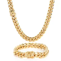 Kubansk l￤nkkedja halsbandsarmband smycken set 18k ￤kta guldpl￤terad rostfritt st￥l miami halsband med design fj￤dersp￤nne