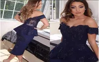 Custom Made 2019 Fashion Navy Blue Cocktail Dresses Applique Lace Peplum Pencil Skirt Arabic Tea Length Evening Party Gowns For Wo9683472
