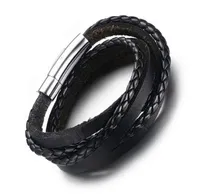 Fashion New Handmade Mens Black Braided Real Leather Bracelet Multistrand Genuine Leather Wristband Rope Woven Bracelets Men8781580