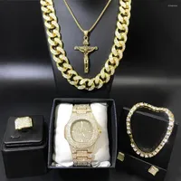 Necklace Earrings Set Luxury Men Gold Watch & Braclete Ring Combo Out Cuban Crystal Miami Chain