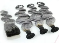 1BGREY Brazilian ombre Human Hair Bundles with Silver Grey Lace Fermeure Two Tone Clair Weave With Close Body Wavy 4PCSL4811552