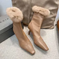 Autumn and winter 2022 new wool boots Square head huge soft layer Cowhide thin high heel rabbit hair elastic socks Short boots