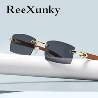 Sunglasses 2022 Rimless Rectangle Women Vintage Steampunk Men's Unique Wood Grain Design Shades Lunette Femme