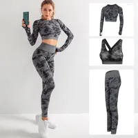 Active Sets Women Yoga Seamless 3pc Set Camouflage Top Bra Long Sleeve Shirt Sport Suit High Waist Pant Woman