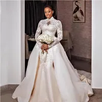 2023 Graceful Lace Mermaid Wedding Dresses Beaded High Neck Plus Size Bridal Gowns With Detachable Train Long Sleeves Tulle Vestido De Novia BC14608 GB1128
