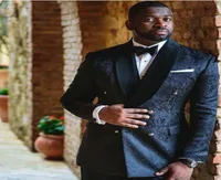 Black Jacquard Fabric Men Blazer Jacket Side Vent Groom Tuxedos Man Prom Business Suits JacketPantsTie K344690629