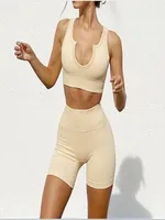 Yoga Outfits Seamless Vneck Sports Underwear Fitness Top Quick Dry Thick Striped Shorts Sleeve Suit for Women8473343