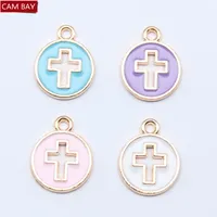 15x12mm 5 Colors Enamel Cross Charms Round Pendant Necklace Pendant DIY Earrings Bracelets Key Ring Making Handmade Crafts Jewelry Findings