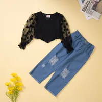 2022 new kids baby Girls Clothes Set Fashion Dot Mesh Long Sleeve O-neck Tops holes Denim Trousers pants jeans suit