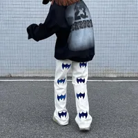 Men's Jeans Alphabet Bat Print High-rise American Hip Hop High Street Loose Straight Leg Pants 2022 Harajuku Fashion Casual