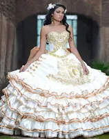 2017 New White Gold Satin Ball Gowns Embroidery Quinceanera Dresses With Beads Sweet 16 Dresses 15 Year Prom Gowns QS10056832319