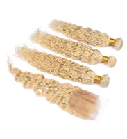 613 Blonde indische jungfräuliche nasse und wellige menschliche Haarbündel mit Verschluss Wasserwelle Blonde Jungfrau Haar Weben mit Spitzenverschluss5441683