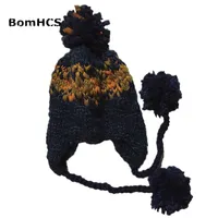 Beanieskull Caps Bomhcs Kadınlar Kış Sıcak Mozaik Büyük Gel İplikler Kulak Böbreği Beanie% 100 El Yapımı Örgü Şapkalar 221125