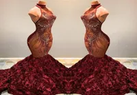 2019 Burgundy Lace Mermaid Long Prom Dresses Illusion Applique Beaded 3D Flowers Halter Sweep Train Evening Gowns Vestidos De Fest2333213