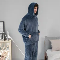 Men's Sleepwear Two Thick Plus Clothes Winter For Suit Men Homewear Man Hooded Casual Loose Home Pajamas Velvet Flannel Piece 221124
