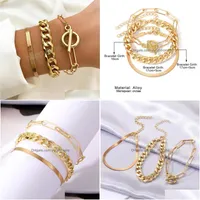Braceletas Charm 3pcs/Set Fashion Fashion Chain Link Bracelet para mujeres Vintage Gold Sier Color Bangles Set Jewelry Dro Dhdar