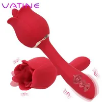 Sex Toy Massager Vatine Dual Head Rose Shape Clitoris Stimulation Oral Tongue Licking Vibrator 2 in 1 Nipple Vagina Massager Vibrating Dildo