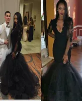 Sexy Mermaid Black Evening Dresses Beading V Neck Long Sleeve Prom Dresses Applique Organza Tiered Party Gown Cocktail Dresses4064162