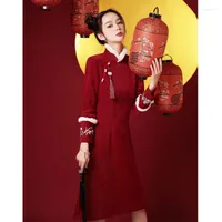 Ethnic Clothing Red Cheongsam Winter Thickened 2022 Long Sleeved Girl Improved Young Dress Chinese Qipao Party Dresses
