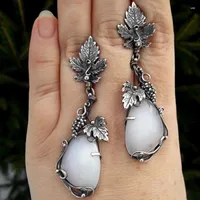 Dangle Earrings Vintage Water Droplets White Stone Silver Color Metal Carved Leaves Long For Women