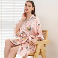 Women's Sleepwear Half Sleeve Nightgown Intimate Lingerie Casual Home Clothing Short Summer Kimono Robe Print Flower Women Bathrobe