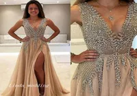 Beaded Side Split Long Prom Dress Crystal Deep V Neck A Line Formal Evening Party Gown Custom Made Plus Size6418126