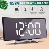 Table Clocks Bedroom Curved Dimmable Mirror Clock Large Number Electric Nightlight LED Screen Snooze Digital Alarm USB