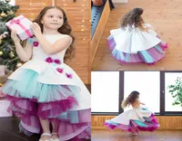 2020 Cute Rainbow Flower Girl Dresses Jewel Neck Sequins Pearls Feather Girls Pageant Dress High Low Birthday Gowns4046723