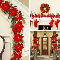 Christmas Decorations 2M 10 LEDs Poinsettia Flowers String Light Glowing Garland with Artificial Red Berries Holly Leaves Xmas Tree Ornament 221125