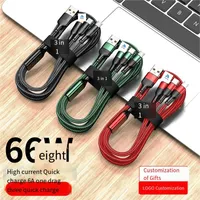 66W high current fast charge one drag three bricked data cable Micro USB mobile phone Type-C charging Android Samsung Huawei