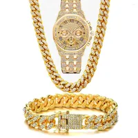 Necklace Earrings Set Watch Bracelet Hip Hop Miami Cuban Chain Iced Out Paved Rhinestones Bling Men Gold African Jewelry Gift