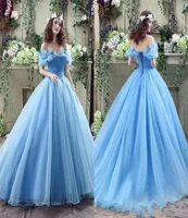 2019 Real Image Cinderella Ocean Blue Prom Dresses Off Shoulders Beaded Butterfly Organza Long Backless Ball Gown Evening Party Go3093027