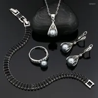 Necklace Earrings Set 925 Sterling Silver Punk Grey Pearl Beads For Women Drop Pendant Bracelet Ring