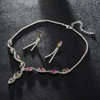 Necklace Earrings Set Fashion Shiny Leaf Tassel Wedding Charm Colorful Crystal Choker Bridal Jewelry Accessories