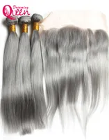 Grey Straight Hair Ombre Brazilian Virgin Human Hair Weave Extension 3 Bundles With 13x4 Lace Frontal Closure Gray Bleached Knot F5557534