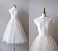Vintage Reserved Lace 1950s Wedding Dresses Sheer Peter Pan Collar Cap Sleeves Covered Buttons Knee Length Ball Gown Tulle 500398886156