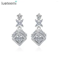 Dangle Earrings LUOTEEMI Cute Square Dice Shape With The Flower Cubic Zircons Drop Earring For Women Luxury Girl Party Accessories Wedding