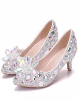 2 Inches Middle Heel Wedding Dress Shoes Silver AB Crystal Cinderella Prom Party Shoes Graduation Ceremony High Heels Size 109638564