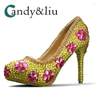 Dress Shoes Gold Pearl With Pink Crystal Flower Party Super High Heel Pointed Toe Handmade Women Pumps For Banquet Evening