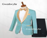 Gwenhwyfar Mint Green Slim Fit Wedding Groom Tuxedos for Singer Prom Man Suit Gold Lapel 2 Pieces Jacket Pants Men Stage Clothes5850267