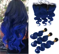 Schwarz und dunkelblau Ombre Malaysian Body Wave Human Hair Webbündel mit 13x4 Voller Spitze Frontal 1Bblue Ombre Virgin Hair Exte8382462
