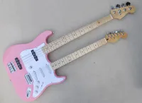 Pink 4 and 6 strings double neck electric guitar with maple fretboard white pickguard chrome hardware