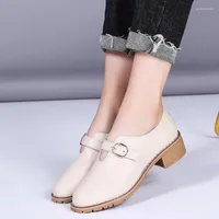 Dress Shoes Autumn Women Casual Genuine Leather Low Heels For Fashion Belt Buckle Chunky Heeled Single WSH4662
