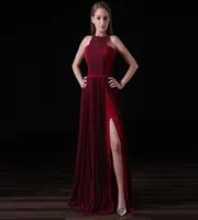 2017 Burgundy Chiffon Long Evening Dresses Halter Fashion Women 형식 가운 저렴한 크레페 섹시 슬릿 이브닝 파티 파티 파티 드레스 A0198977017