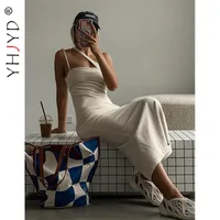 Повседневные платья Yhjyd Streetwear мода асимметричное длинное платье для женщин лето 2022 г. Сексуальное элегантное элегантное без рукавов Макси с щели