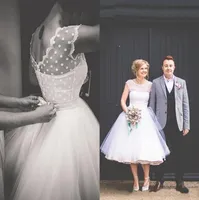 50 -е годы модного чая короткие пляжные свадебные платья с рукавами для рукавов в горошек, рюх