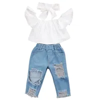 Baby girl kids clothes Set Flying sleeve White topRipped Jeans Denim pantsbows Headband 3pcs sets Kids Designer Clothes Girls EJ2483038